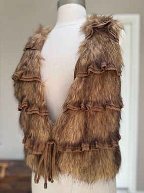 bagatelle Brown Faux Fur Tiered Ruffle Vest